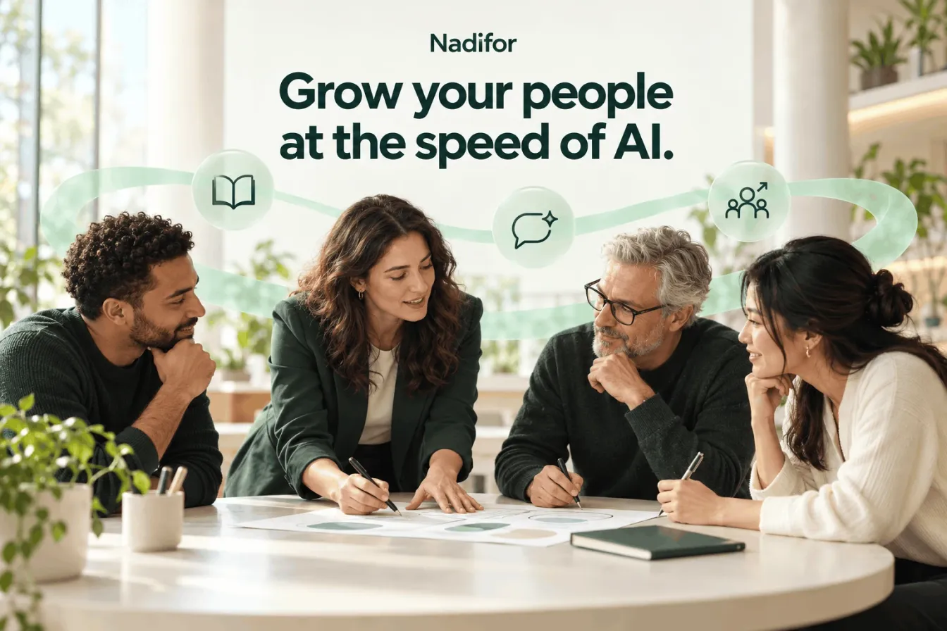 Four colleagues plan together at a round table under the title Grow your people at the speed of AI.
