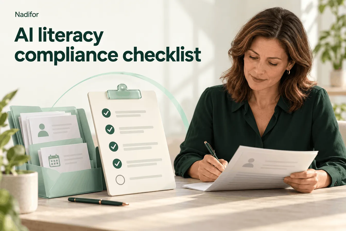 A woman reviews documents next to a clipboard with ticked items, with the title AI literacy compliance checklist.