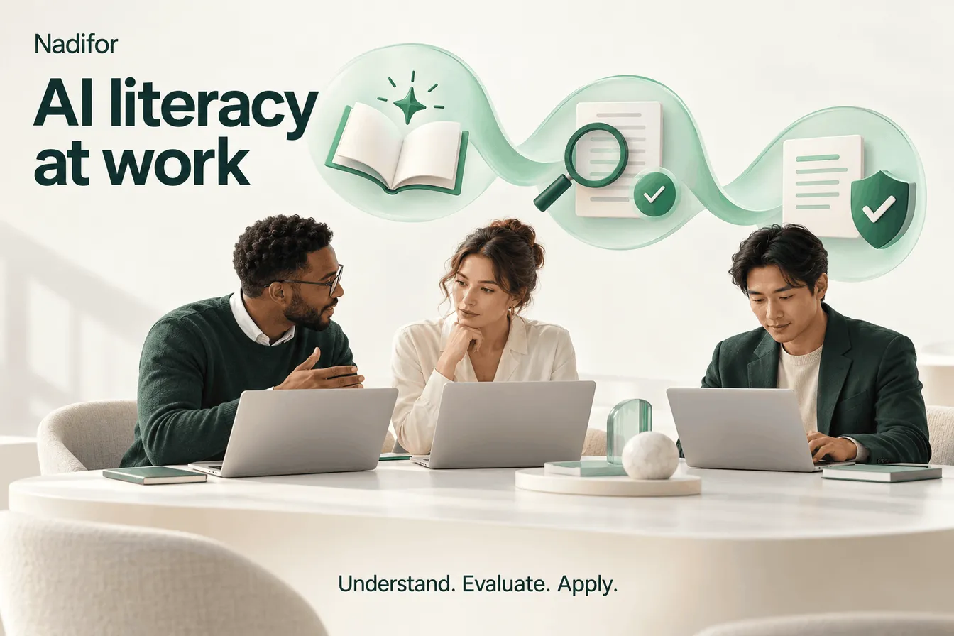 Three colleagues at laptops under icons for a book, a magnifier and a shield, with the title AI literacy at work and the words Understand, Evaluate, Apply.