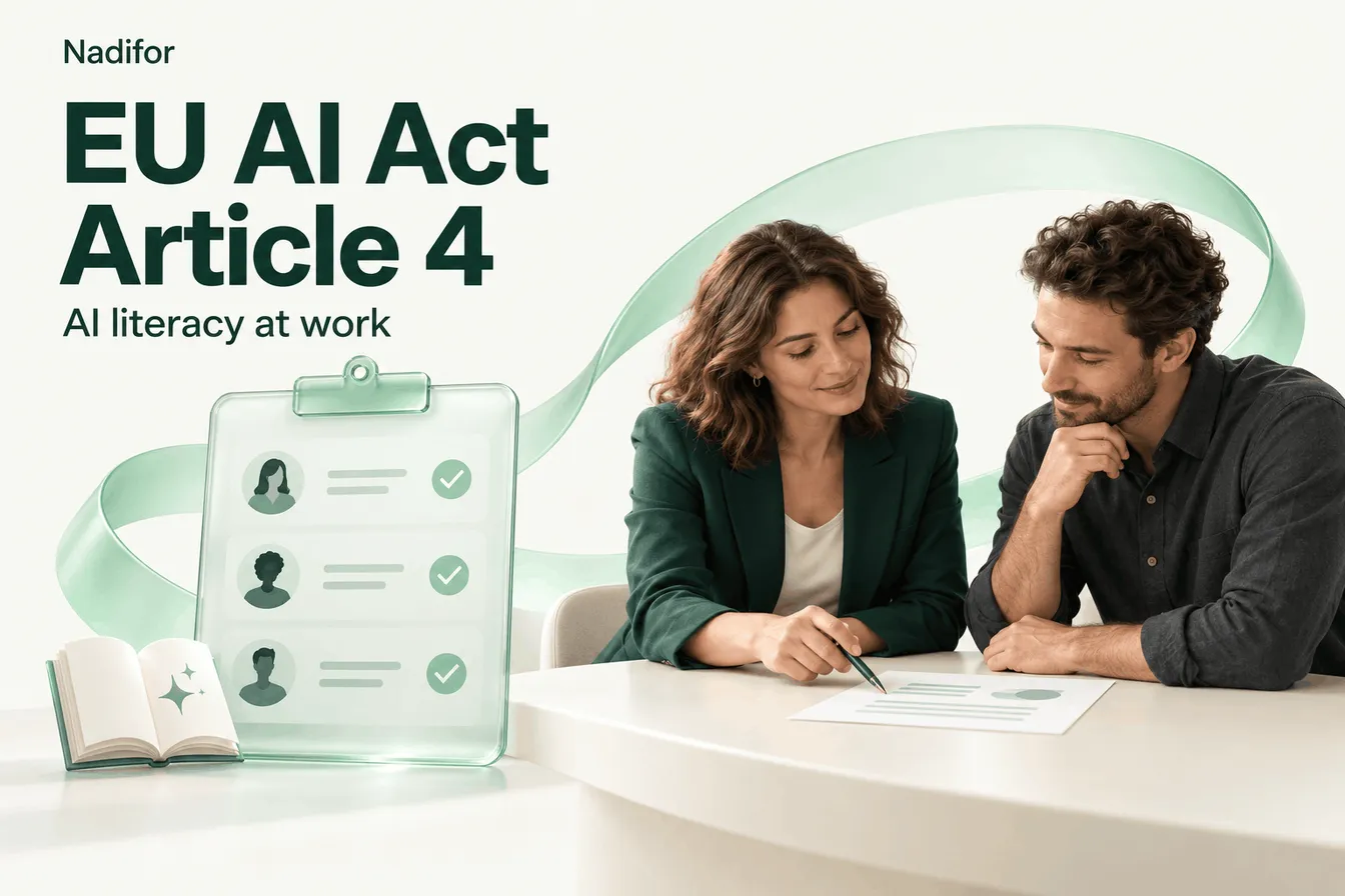 Two colleagues review a checklist of people and AI literacy requirements, with the title EU AI Act Article 4, AI literacy at work.