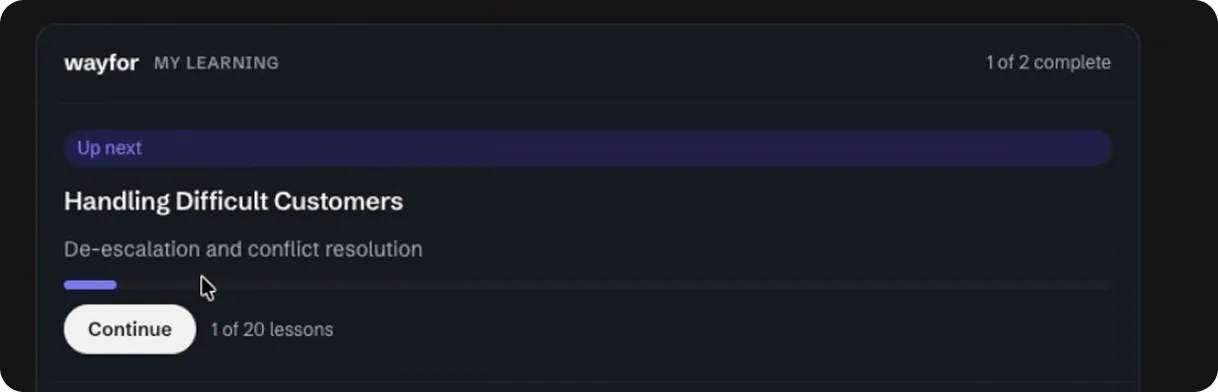 Nadifor learning preview: a short lesson on handling difficult customers, with progress and a Continue button.
