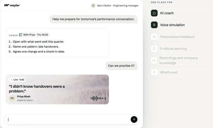 An employee prepares for a performance conversation with their Nadifor AI coach, then practises it in a voice simulation with personalised feedback.
