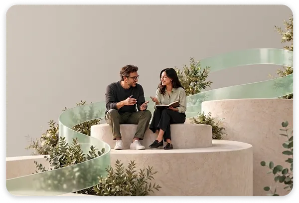Two colleagues sharing ideas on a curved staircase.