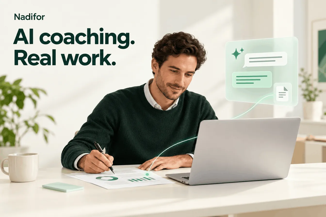 A man annotates a report at a laptop while an AI coaching chat panel floats beside him, under the title AI coaching. Real work.