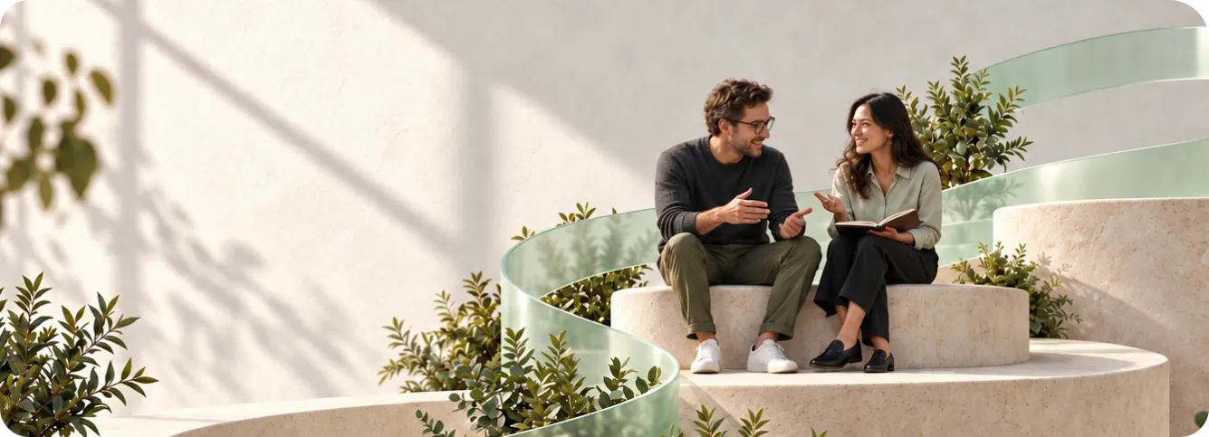 Two colleagues learning together on sunlit steps surrounded by greenery.