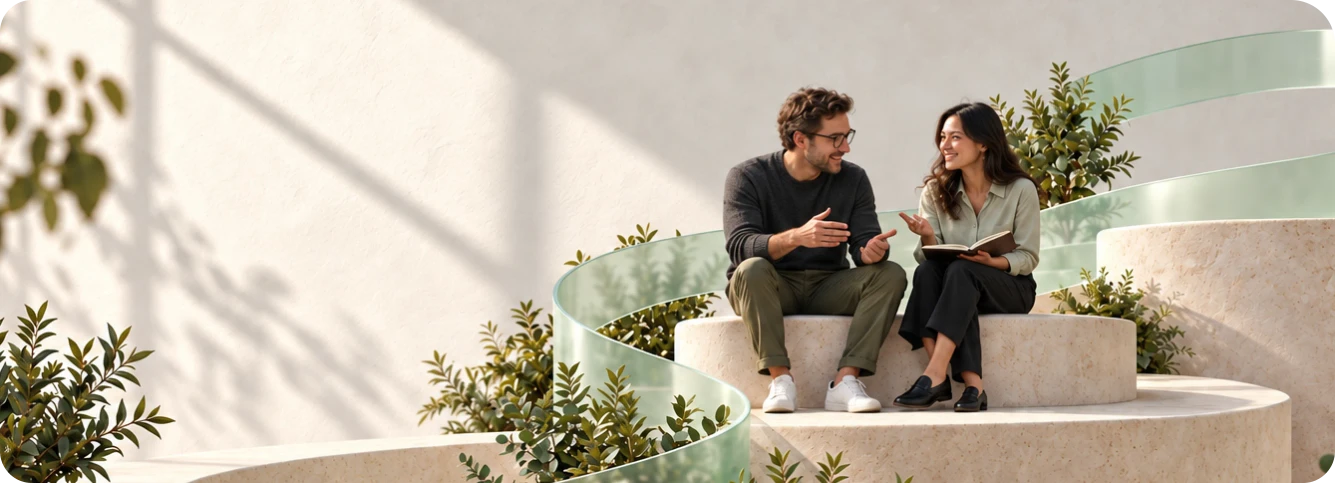 Two colleagues learning together on sunlit steps surrounded by greenery.