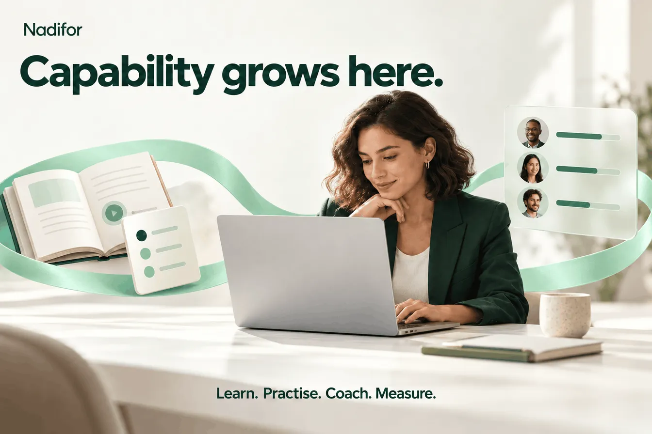 A woman works at a laptop beside an open course book and a team progress panel, under the title Capability grows here and the words Learn, Practise, Coach, Measure.