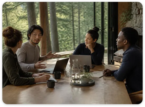 Four colleagues discussing their work together around a table.