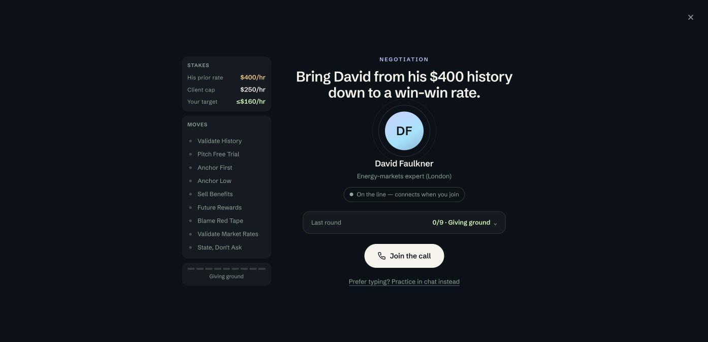 Practice lobby for the fictional sparring partner David Faulkner, showing scenario stakes, recommended moves, and the Join the call button.