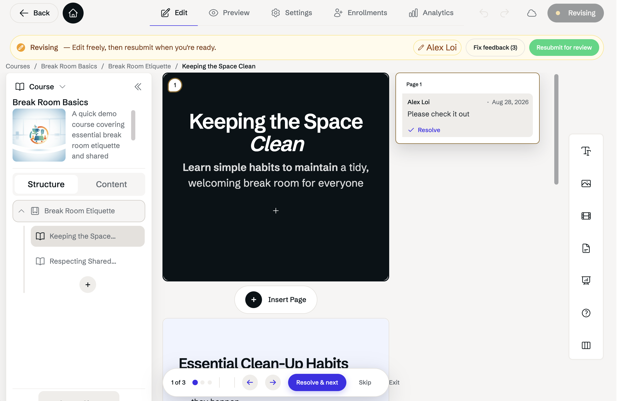 The course editor in Fix feedback mode: a reviewer's comment beside the page it is about, with Resolve & next, Skip and Exit.