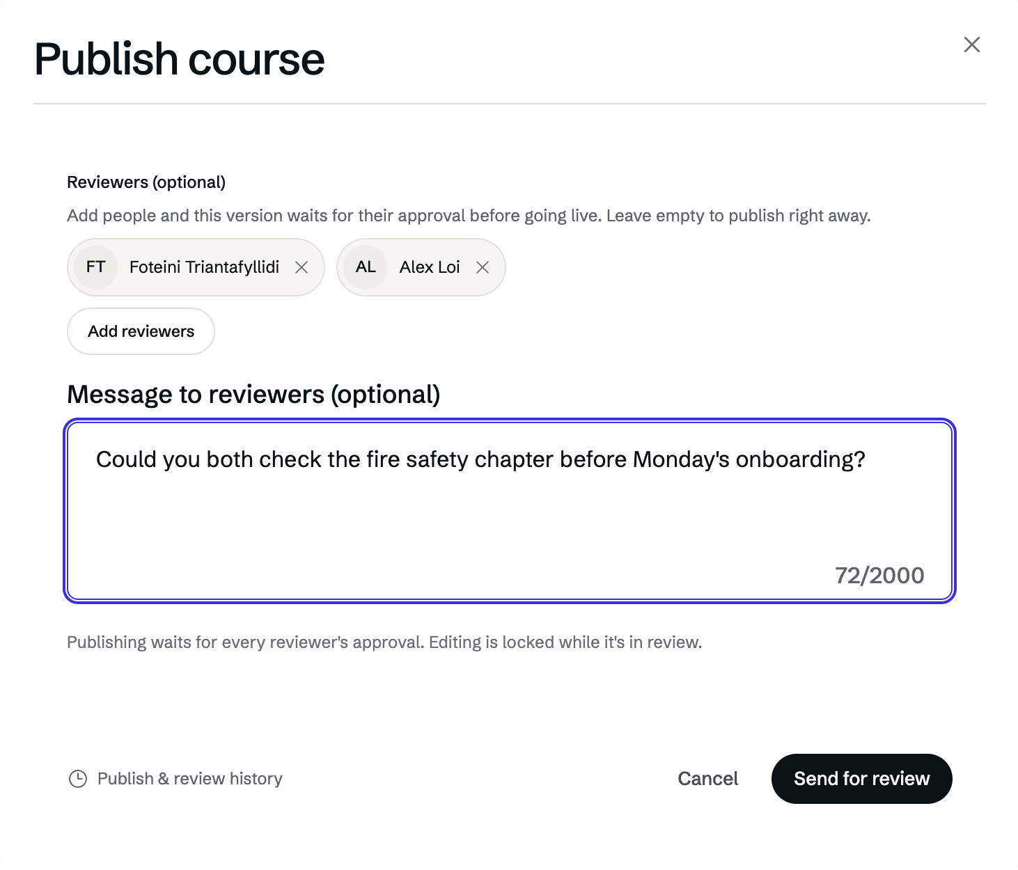Publish course dialog with two reviewers added and a message to them. The button reads Send for review.