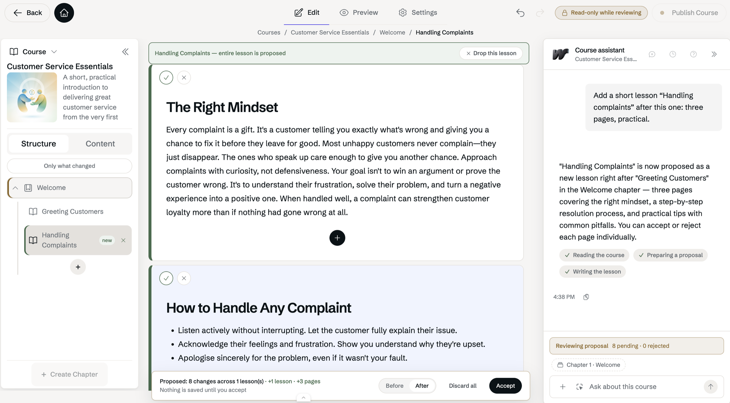 A proposed lesson, Handling Complaints, in the editor. Each page has a tick and a cross, a banner says the entire lesson is proposed, and the bar at the bottom reads Proposed: 8 changes, Nothing is saved until you accept, with Before, After, Discard all and Accept.