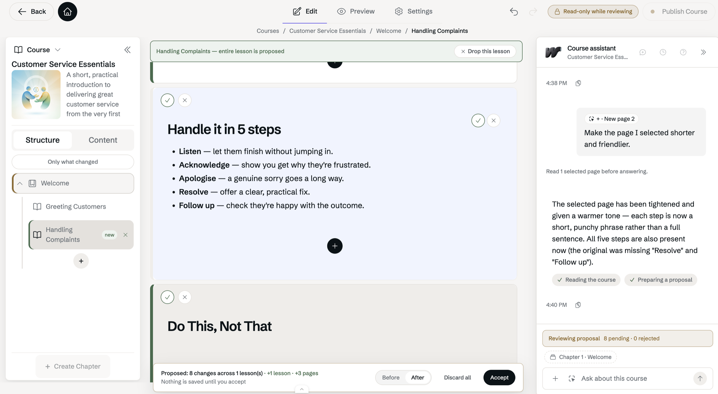 The selected page rewritten as five short steps, still under review with a tick and a cross, while the assistant explains what it changed.