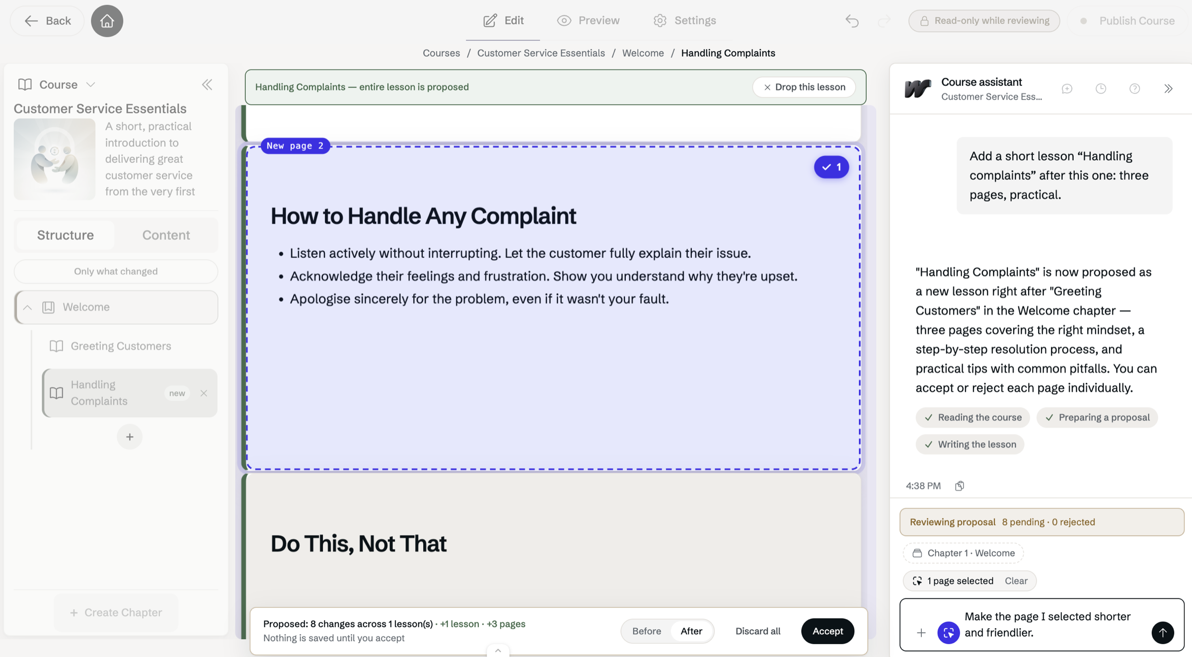 Select pages mode: one proposed page is highlighted on the canvas, the panel shows 1 page selected, and the request Make the page I selected shorter and friendlier is typed.